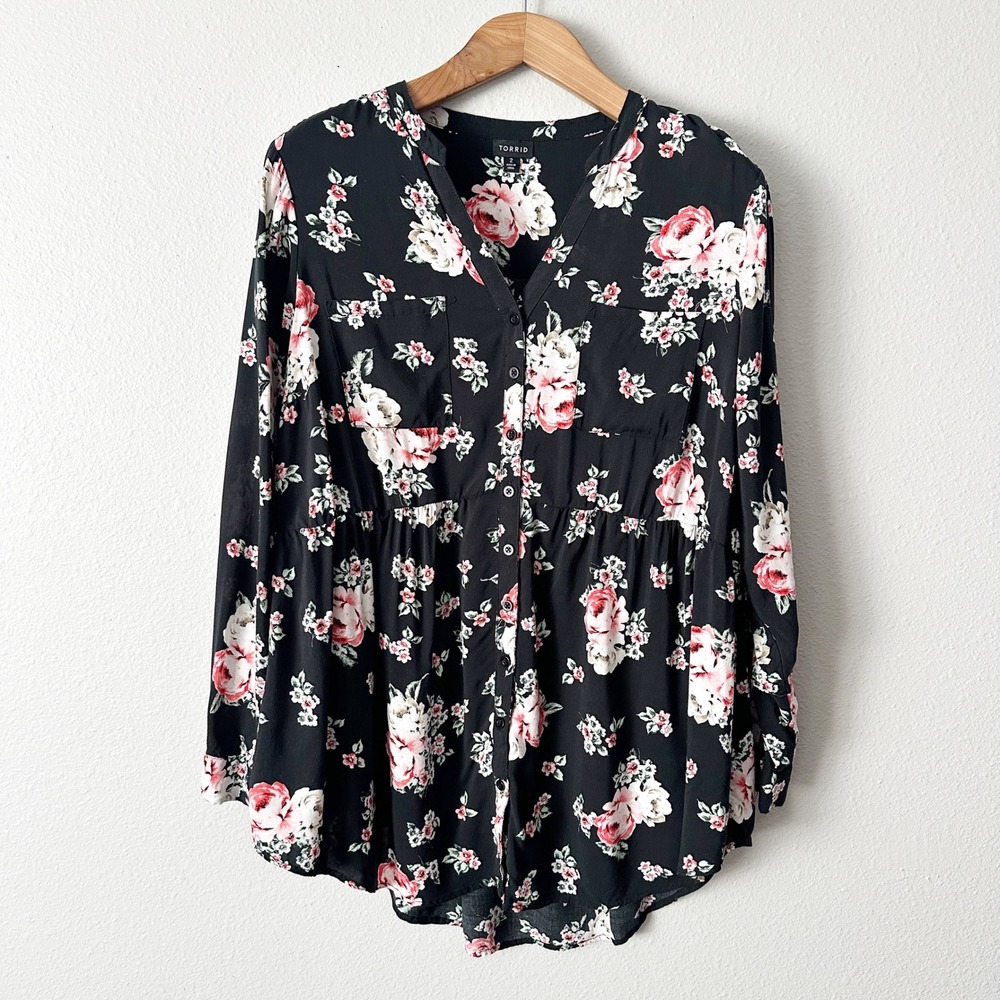 Torrid Emma Black Floral Print Button Front Peplum Blouse Top‎ Plus Size 2X